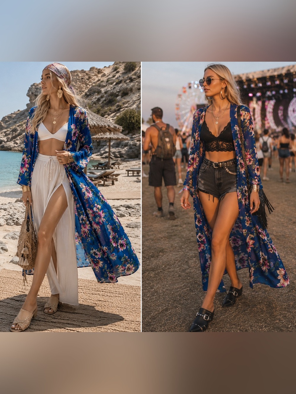 Creation Floral Maxi Duster Cardigan XL Blue Semi Sheer Boho Cover Up Kimono